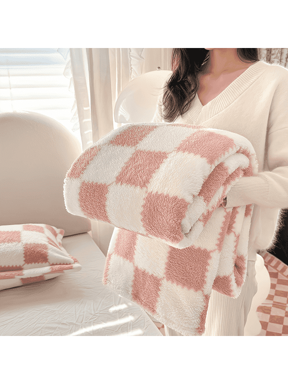 Colorful Checkered Flannel Blanket, Super Soft Aesthetic Checkerboard Throw, Thick Fuzzy Fleece Nap Blanket for Single Bed, Gifts for Men, Women and Pets, 60"x80", Blush Pink