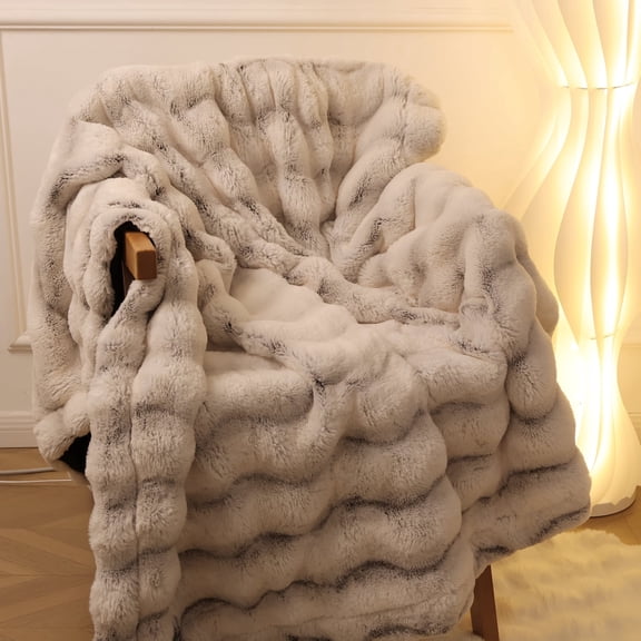 ROSEKIND Faux Fur Rabbit Throw Blanket, Reversible Wave Textured Bedding, for Cozy Bedroom & Living – Gifts for Men or Women, 70x90in, Warm Mocha