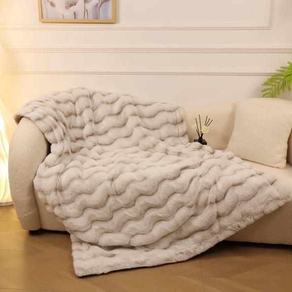 ROSEKIND Faux Fur Rabbit Throw Blanket, Reversible Wave Textured Bedding, for Cozy Bedroom & Living – Gifts for Men or Women, 70x90in, Ivory Cream