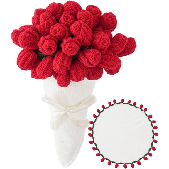 ROSEKIND Crochet Rose Bouquet Blanket, Knitted Throw with 3D Rose Flower Design, Soft Decorative Blanket for Sofa, Chair or Shawl, Red