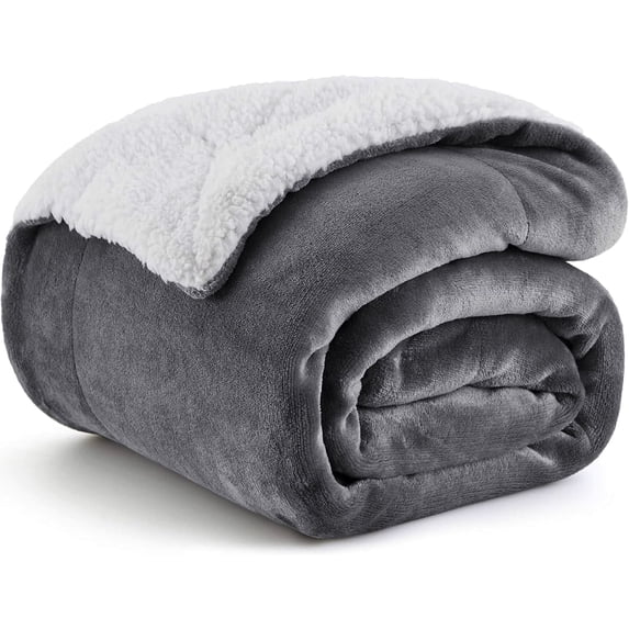ROSEKIND Flannel & SherpaThrow Blanket for Couch, Non-Heated, Thick & Warm Cozy Blanket for Winter, Soft Fuzzy Plush Throw Gifts for Women and Men, 50x60In, Grey