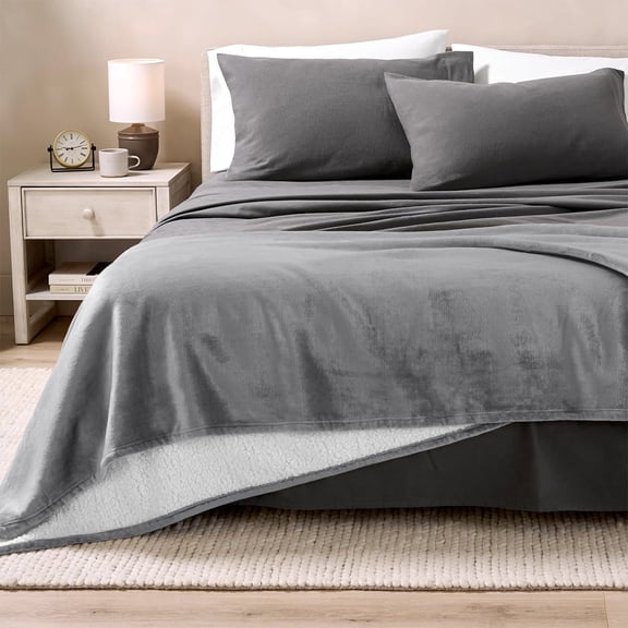 ROSEKIND Flannel & SherpaThrow Blanket for Couch, Non-Heated, Thick & Warm Cozy Blanket for Winter, Soft Fuzzy Plush Throw Gifts for Women and Men, 50x60In, Grey