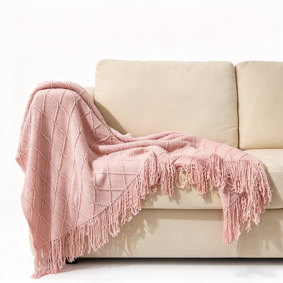 ROSEKIND Tassel Throw Blanket, Knitted Diamond Pattern, Pink, 50 x 60 inches