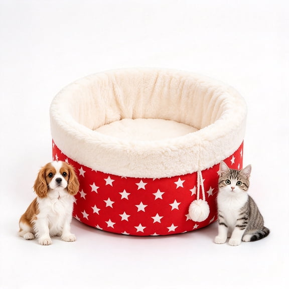 ROSEKIND Round Plush Pet Bed, Raised Bolster, Soft Cushion, Red Star Pattern, Indoor Bed for Small Dogs and Cats, 40 x 40 x 26 cm