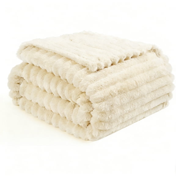 ROSEKIND Striped Blanket, Premium Faux Fur Touch Ribbed Throw for Sofa and Bed, Cozy Gift for Adults and Friends, 40''x60'', Ivory Cream