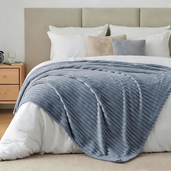 ROSEKIND Striped Blanket, Premium Faux Fur Touch Ribbed Throw for Sofa and Bed, Cozy Gift for Adults and Friends, 60''x80'', Dusty Ocean