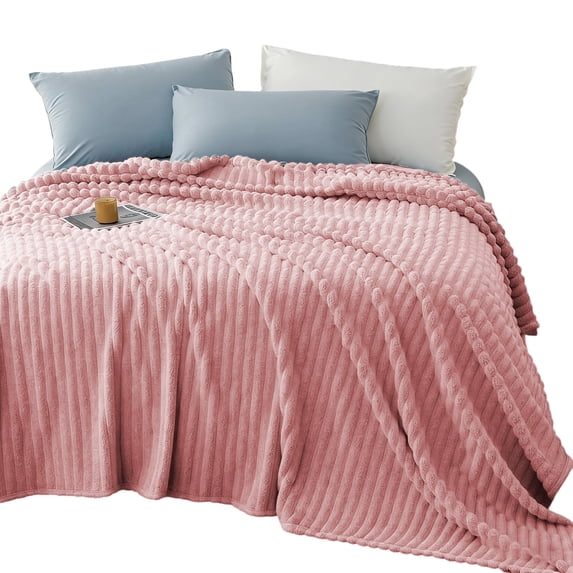 ROSEKIND Striped Blanket, Premium Faux Fur Touch Ribbed Throw for Sofa and Bed, Cozy Gift for Adults and Friends, 80''x90'',Blush Pink