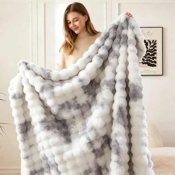 ROSEKIND ultra-soft 680GSM Faux Fur Ribbed Throw Blanket for Sofa & Bed, Cozy Gift for Adults & Friends, 60x70in, Tie-dye Grey