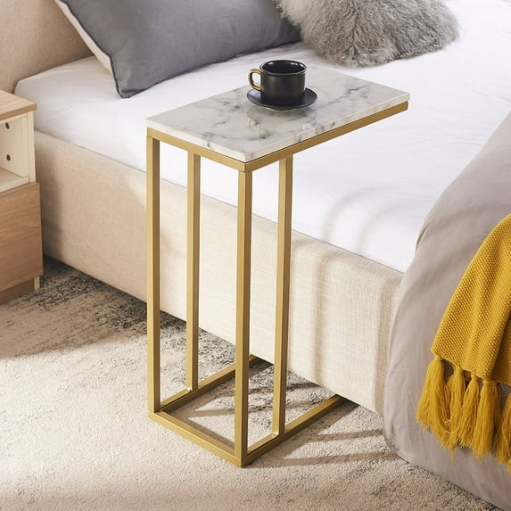 ROSEN GARDEN Faux Marble Side Table, C Shape End Table, Gold White Finish