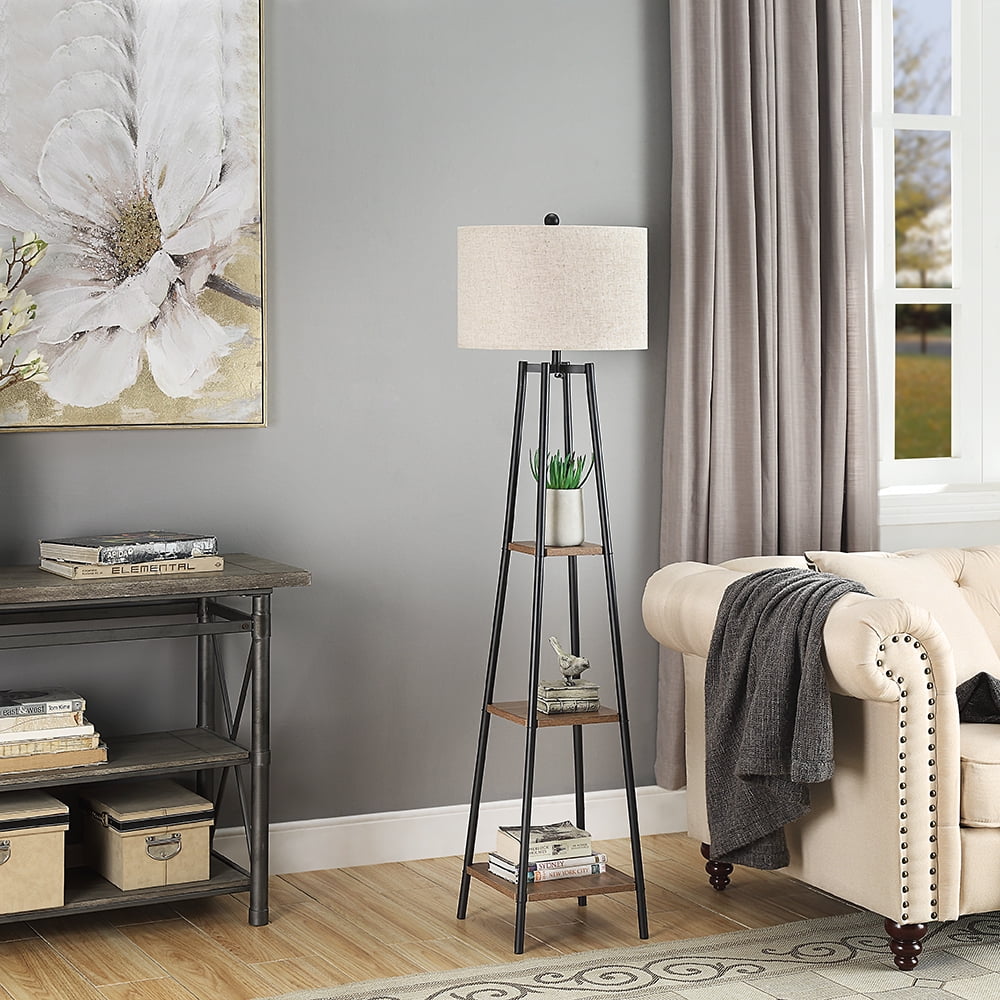 ROSEN GARDEN Floor Lamp with Shelves Black Finish, Modern Living Room Lamps