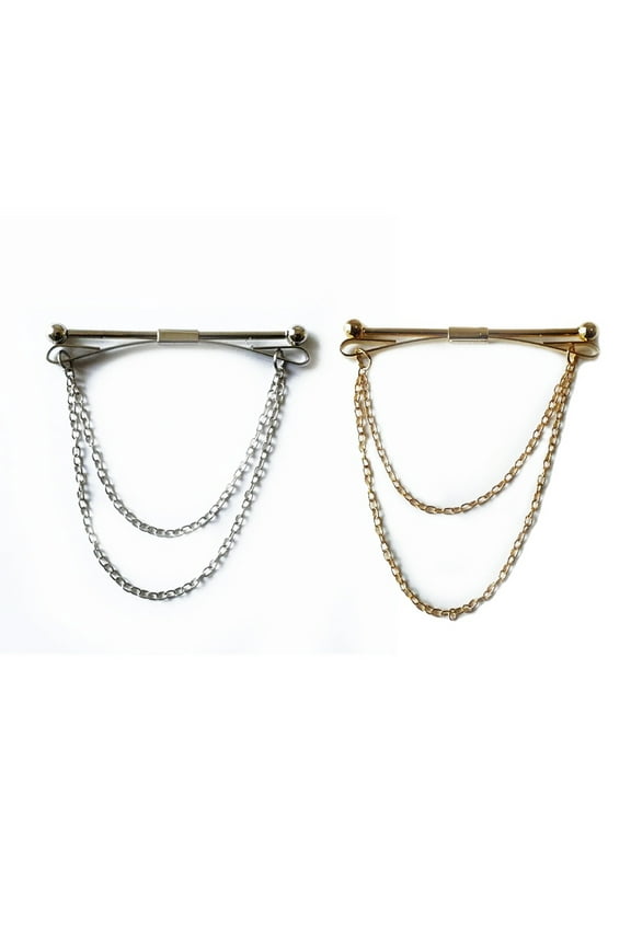 2Pcs Collar Pin With Chain Men S Tie Accessory Golden Silver Simple Design Business Trip