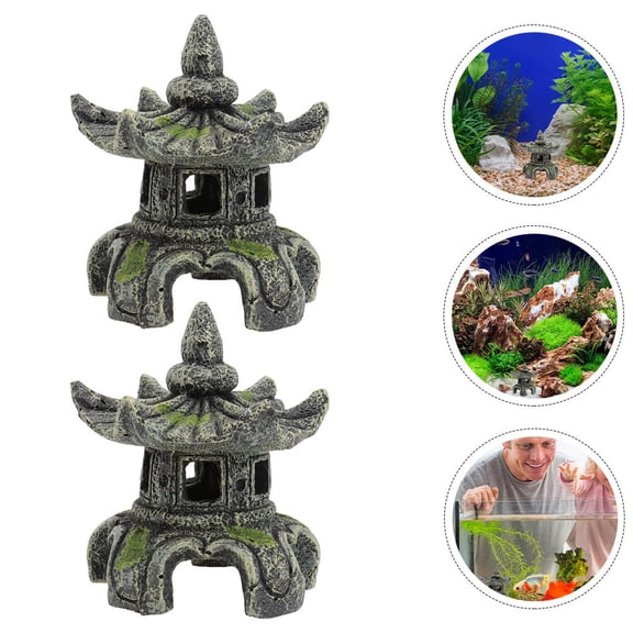 ROSENICE 2Pcs Resin Aquarium Decorations Hexagonal Pavilion for Fish Tank Landscape 3.93x3.14x3.14in