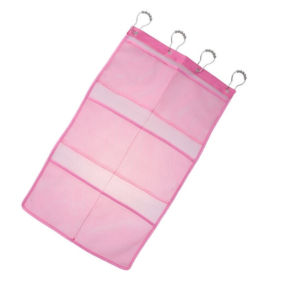 ROSENICE Hanging Mesh Shower Organizer with 6 Pockets Shower Curtain Rod Liner Hooks Bathroom Wall Door Organization Bathroom Accessories with 4 Rings (Pink)