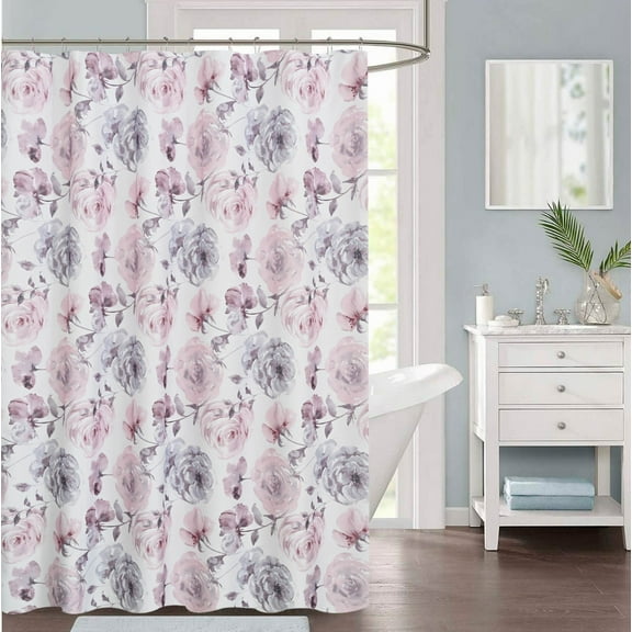 ROSETTES DECORATIVE FABRIC SHOWER CURTAIN WITH 12 METAL SHOWER CURTAIN HOOKS