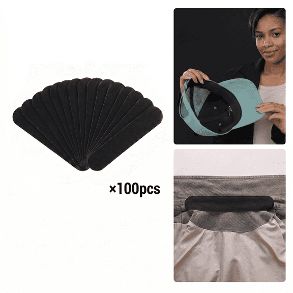 ROSEXIXI 100Pcs Black Disposable Hat Sweat Liner, Self-Adhesive Sweat Pads, Ultra Absorbent Hat Brim Protector & Stain Guards, Universal Fit for Baseball Caps, Golf Hats.