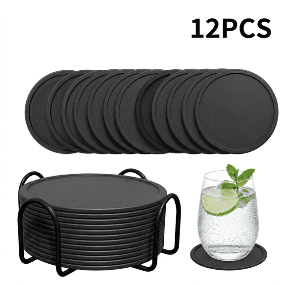 DualFerv 12Pcs Black Silicone Kitchen Counter Mats (4 Inch) with Metal Holder Non-Slip Waterproof Heat Resistant Hot Pads Table Protector for Coffee Mug Tea Cup Home  Bar Use