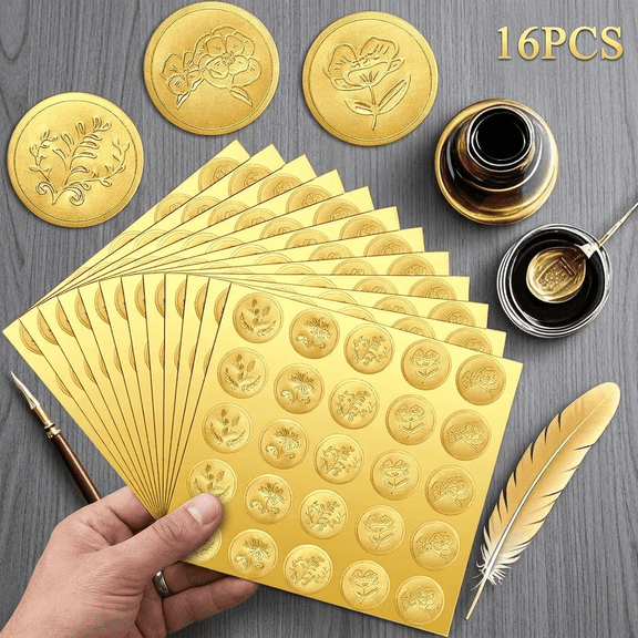 ROSEXIXI 16 Sheets Gold Floral Stickers, 8.3 x 8.1 Inch Embossed Self-Adhesive Seals, Flower Pattern Envelope Decor for Wedding Invitations, RSVP Cards and Gift Packaging