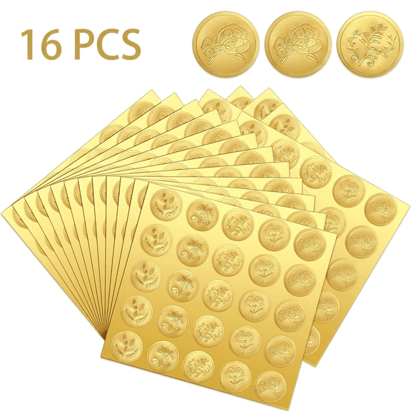 ROSEXIXI 16 Sheets Gold Floral Stickers, 8.3 x 8.1 Inch Embossed Self-Adhesive Seals, Flower Pattern Envelope Decor for Wedding Invitations, RSVP Cards and Gift Packaging