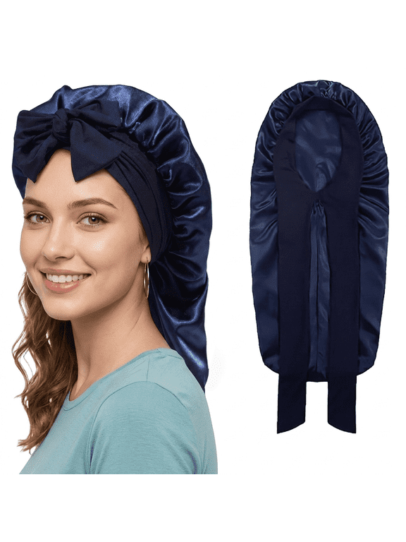 1Pcs Navy Blue, Satin Bonnet for Sleeping, Long Stretchy Satin Hair Cap with Tie, Silky Hair Wrap Night Head Cover for Curly Natural Hair