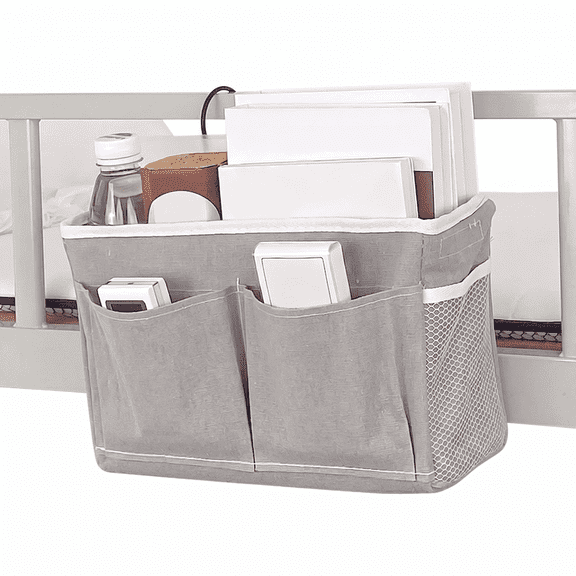 ROSEXIXI Grey Bedside Hanging Storage Caddy, Waterproof Cotton Linen Dorm Organizer, Multi-Pocket Large Capacity Bedside Bag for Bedroom Dormitory