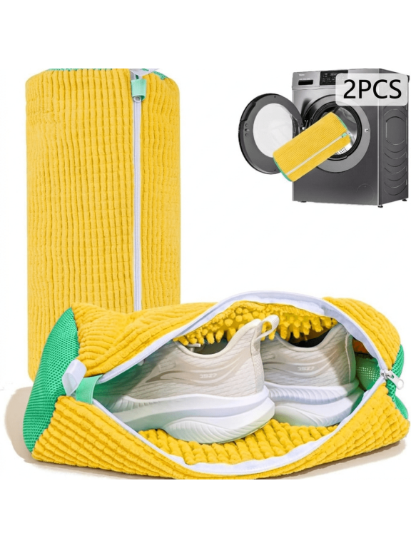 2-Pack Yellow Shoe Washing Bag, Chenille Microfiber Mesh, Zippered Protective Pouch for Sneakers, Canvas & Tennis Shoes