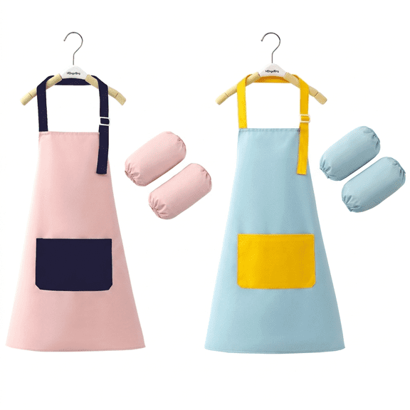 ROSEXIXI 2 Packs Kids Apron with Matching Oversleeves Adjustable Toddler Chef Outfit for Cooking Baking