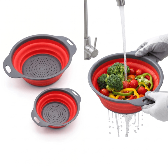 ROSEXIXI 2 Pcs Thickened Collapsible Silicone Colander Set, Red Foldable Kitchen Strainers, Round Vegetable and Fruit Drain Baskets with Handles,  Space-Saving and BPA-Free