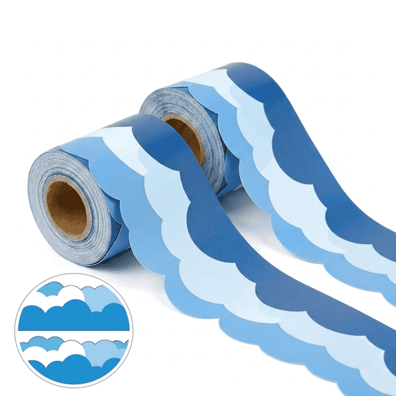 ROSEXIXI 2 Rolls 66ft Scalloped Edge Trim Blue Ocean Wave Pattern Wallpaper Borders Self-Adhesive Decorative Bulletin Border for Classroom School Blackboard Whiteboard Posters Wall Decor