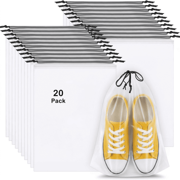 ROSEXIXI 20 Pack Clear Frosted Drawstring Bags, Portable Travel Storage Bags for Shoes and Clothes, Non-Woven & Plastic Reusable Organizer Pouches with Drawstring for Men and Women