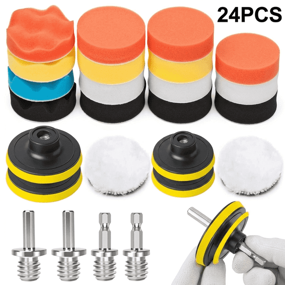 DualFerv 24Pcs Car Detailing Kit, 3.0 Inch Polishing Pad Set with 4 Drill Adapters, Wave Foam Sponge & Soft Wool Pads for Auto Waxing, Buffing and Wheel Polishing