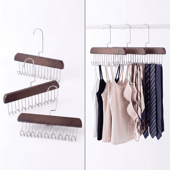 ROSEXIXI 3 Pack 24-Hook Wooden Closet Organizers, 360° Rotating Space-Saving Hangers for Camisoles, Ties, Belts and Underwear