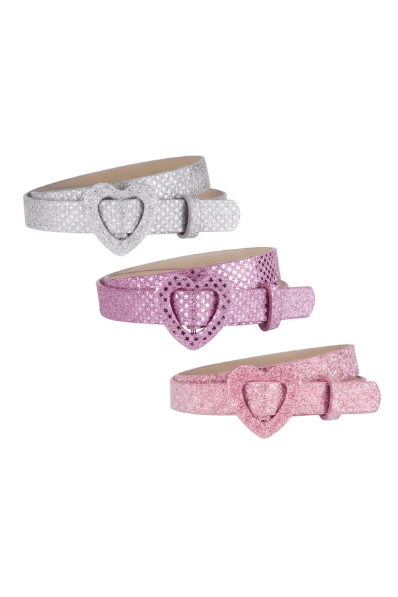 3 Pack Girls Belts Silver Glitter Star Heart Buckle Adjustable PU Leather 0.8 Inch Thin