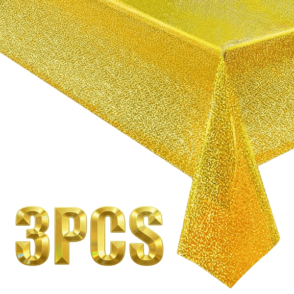 ROSEXIXI 3 Pcs Gold Tablecloths,Holographic Laser Iridescent Tablecloth,Disposable Plastic Disco Table Cloth for Birthday Party Wedding Holiday Space Decorations 54x108 Inch