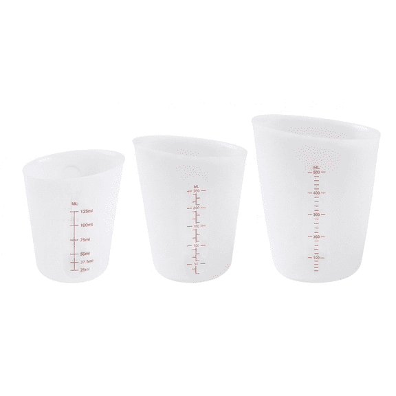 ROSEXIXI 3 Pcs High Heat Flexible Silicone Cups Set,125 ML+250 ML+500 ML Set,with ml/oz Marked for baking Pouring, White
