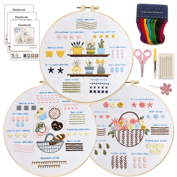 ROSEXIXI 3 Sets Embroidery Kit for Beginners Stamped Cross Stitch Practice DIY Needlepoint Supplies with Hoop