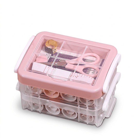 ROSEXIXI 30Pcs Sewing Kit, 3-Tier Stackable Portable Sewing Box, Pink Hand Needle and Thread Set for Travel Home DIY Mending and Emergency Stitching