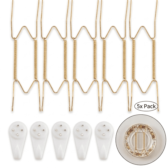 ROSEXIXI 5 Pack Decorative Wall Hooks,8 Inch Gold Plate Hangers for the Wall, Invisible Spring W-Shape Decorative Hooks with Protective Tip Sleeves for 7.5 to 8.5 Inch Round or Square Display Plates