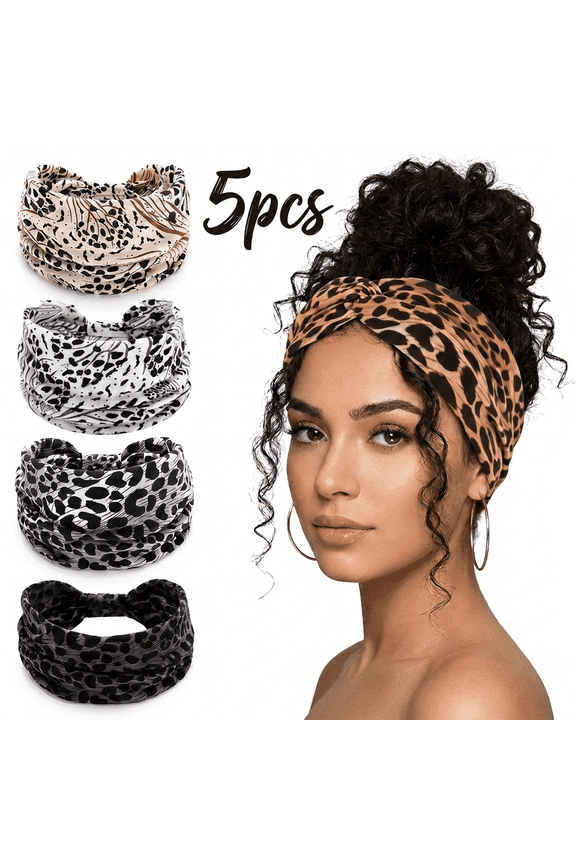 5 Pcs Leopard Print Wide Headbands Elastic No Damage Ties Breathable Sweatband Non Slip Hair Wraps For Women