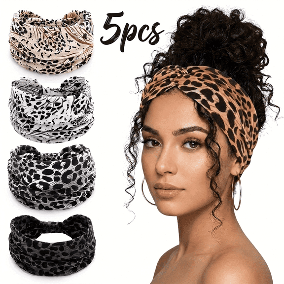 ROSEXIXI 5 Pcs Leopard Print Wide Headbands Elastic No Damage Ties Breathable Sweatband Non Slip Hair Wraps For Women