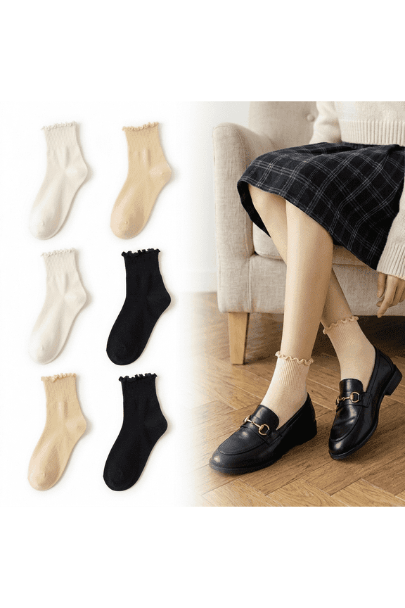 I 6-Pack Ruffle Edge Frill Socks, Cream and Black Color Casual Cotton Ankle Socks, Soft Breathable Low Cut Socks for Women Daily Wear