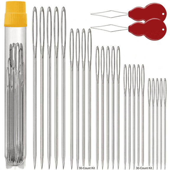 ROSEXIXI 75pcs Big Eye Hand Sewing Needles, Stainless Steel Assorted Sizes with Threader, Easy Threading DIY Sewing Needles for Clothes Mending and Crafts