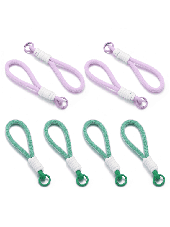 8 Pcs Green andLight Purple Hand Braided Decorative Lanyards, Fashion Color Spliced Short Hanging Straps, Portable Universal Strap for Handbag Document Bag Doll Display DIY Home Decor