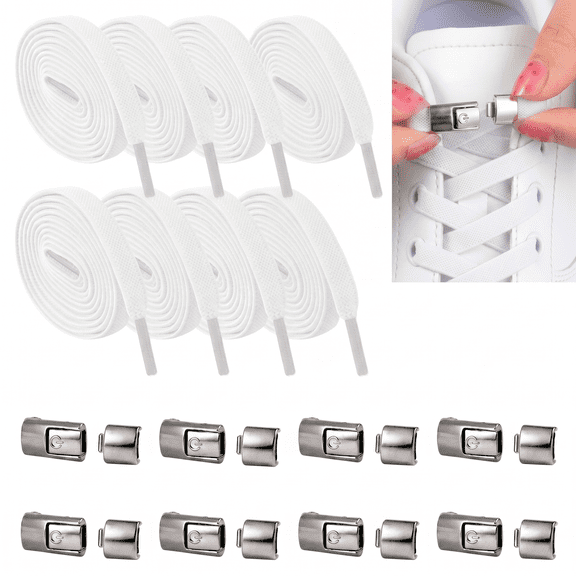 ROSEXIXI  8 pcs White,No Tie Shoelaces , Elastic Wide Flat Shoe Laces with Quick Release Lock, One Size Fits All Sneaker Laces Replacement