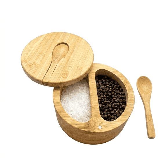 ROSEXIXI Bamboo Salt and Pepper Shakers, Double Compartment Storage Container with Magnetic Swivel Lid, Includes Spoon for Kitchen Countertop Seasoning