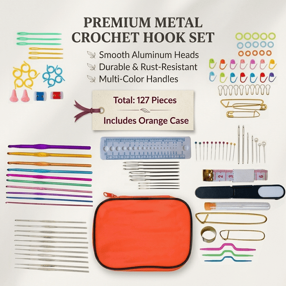 ROSEXIXI Crochet Hooks, 127-Piece Professional Crochet Kit – Multicolor Metal Needles with Portable Orange Case for Beginners and Home DIY Crafting