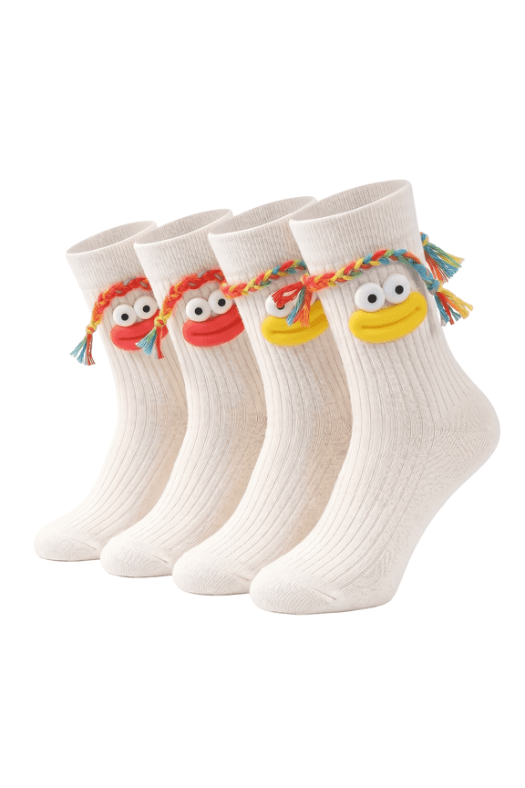 socks 4pcs White Crew with Big eyes and Funny Lips