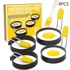 ROSEXIXI Egg Rings for Frying 4 Pack Non-Stick Round Molds with Silicone Brush & Heat-Resistant Handles Metal Shaper for Griddle Breakfast Sandwiches