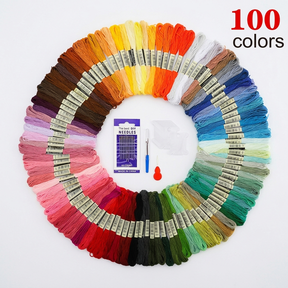 ROSEXIXI Embroidery Thread, 100 Colors Cross Stitch Supplies 26ft 6-Strand Eco-Friendly Polyester-Cotton Floss, Numbered Sewing Thread with DIY Craft Tools