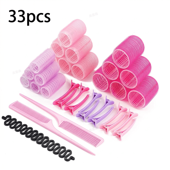 ROSEXIXI Hair Rollers 33pcs Self-Grip Rollers Set with Clips Combs and Braid Tool Heatless Volume Styler for Blowout Look Long Medium Hair DIY Home Salon Accessories