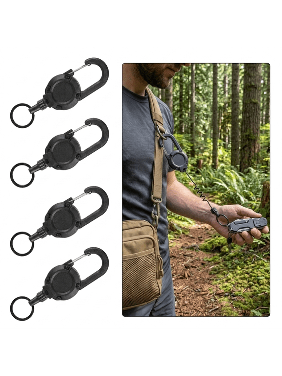Heavy Duty Retractable Keychain, 4-Pack Black 24" Steel Wire Lanyard - Tactical Carabiner Key Chain for Camping, Hiking, Fishing, Anti-Theft Phone Tether and More